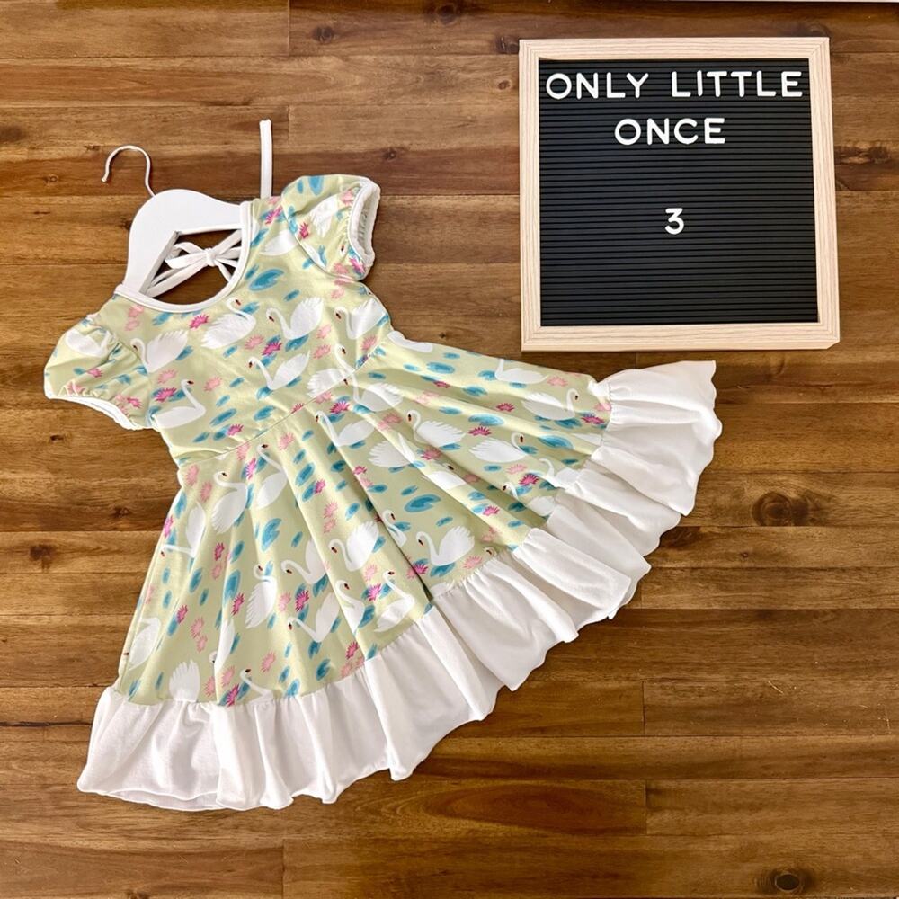 Only Little Once Vintage Swan Twirl Dress 3 Green Cream Ruffle Short Sleeve